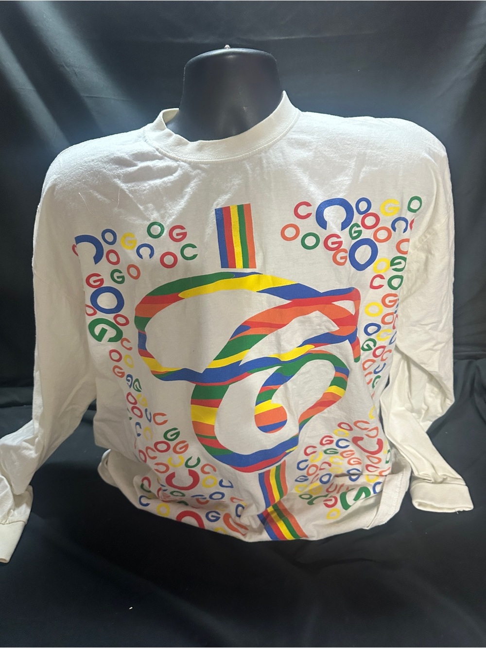 White Graphic Tee with Rainbow Logo-retro Y2K griffin active wear-size L-#560